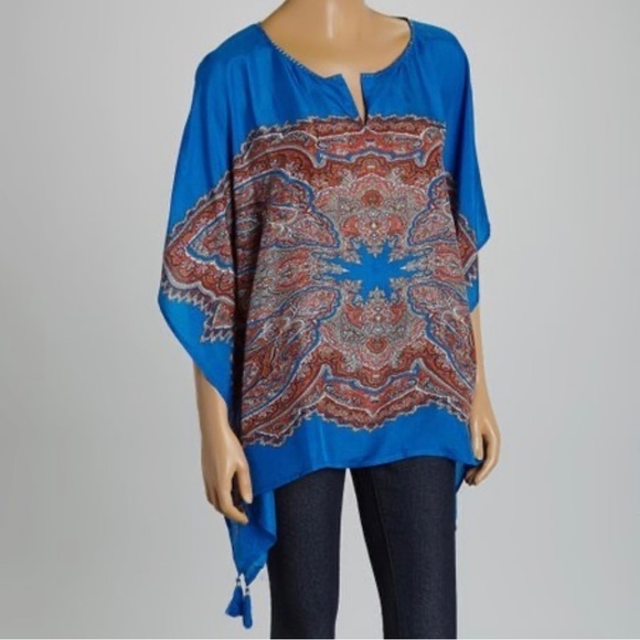 Marrakech Blue Paisley Scarf-Print Daphne 100% Silk Poncho - Picture 1 of 7